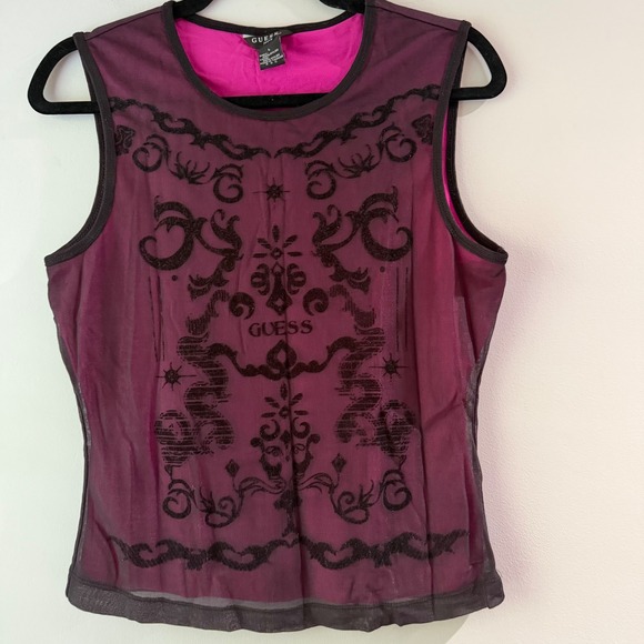 Guess Tops - Vintage Y2K Guess Sleeveless Top Women Large Pink Mesh Flocked Graphic Excellent